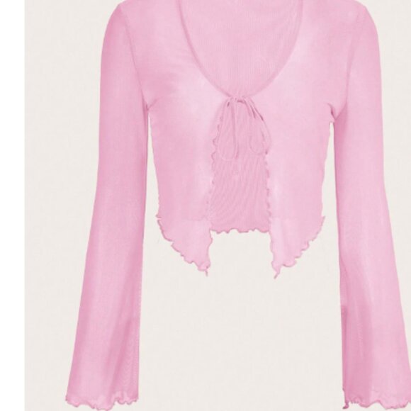 Women's Sheer Shrug Crop Top Long Sleeve Tie Front Lettuce Trim Mesh Open top L - Picture 1 of 3